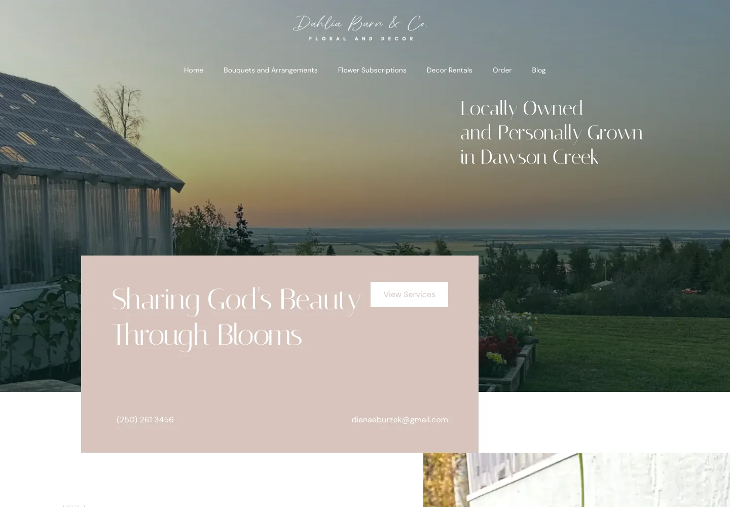 Dahlia Barn and Co. website showing the flower farm at sunset and its locally grown flowers