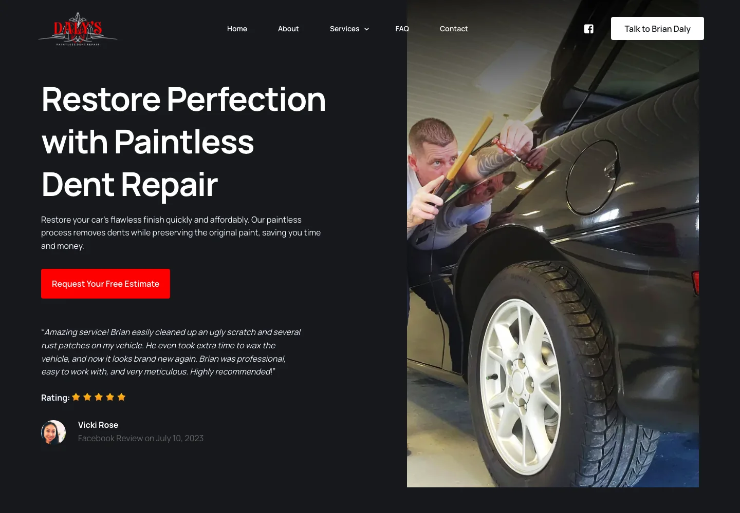 Daly’s Paintless Dent Repair website showing Brian working on a vehicle beside the repair services and estimate button