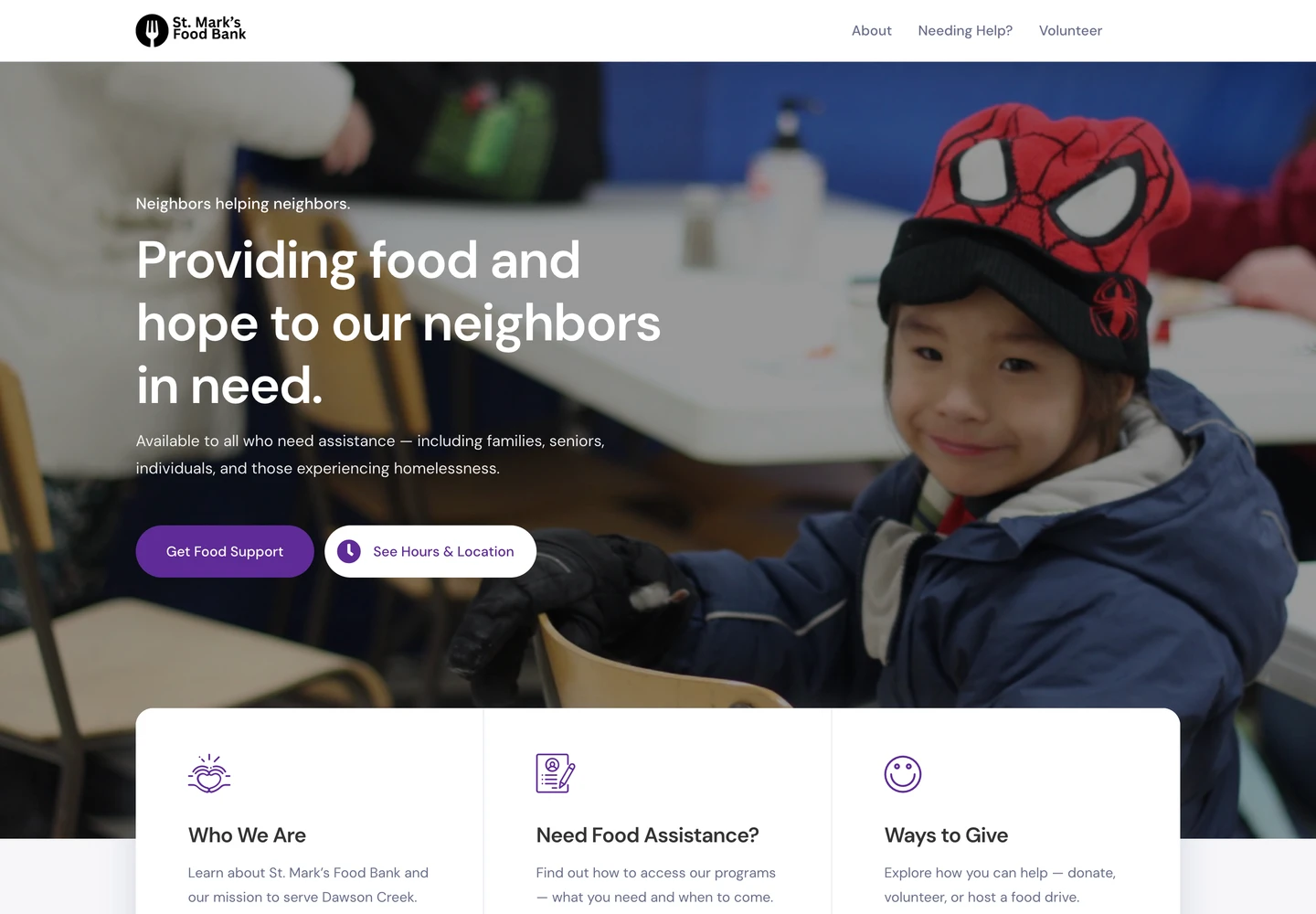 St. Mark’s Food Bank website with prominent Get Food Support and See Hours and Location links