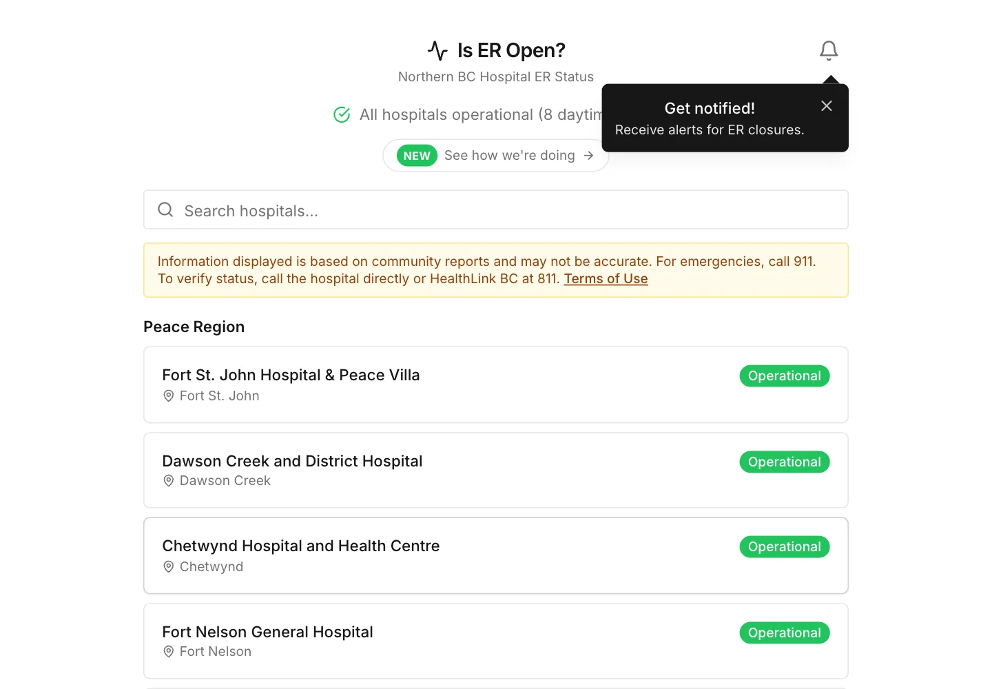 IS ER OPEN interface grouping Northern BC hospitals by region with status labels and contact information