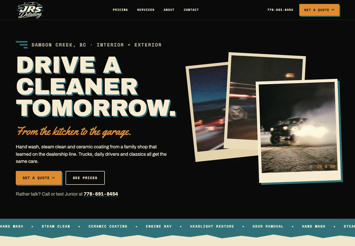 JRS Detailing website with the JRS logo, the headline Drive a cleaner tomorrow, instant photos of vehicles, and a get a quote button