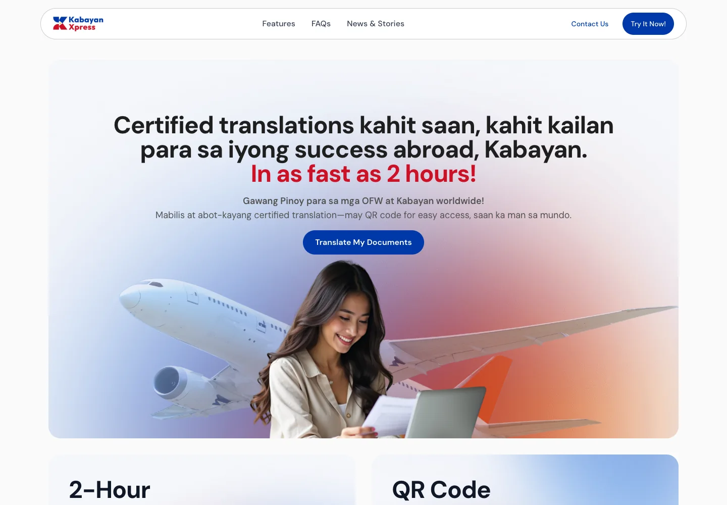 KabayanTranslate’s customer-facing translation website, with the existing design retained at the client’s request