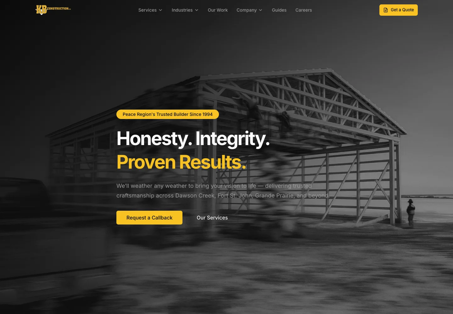 KB Construction website showing a timber building, the company’s experience, and a request-a-callback button
