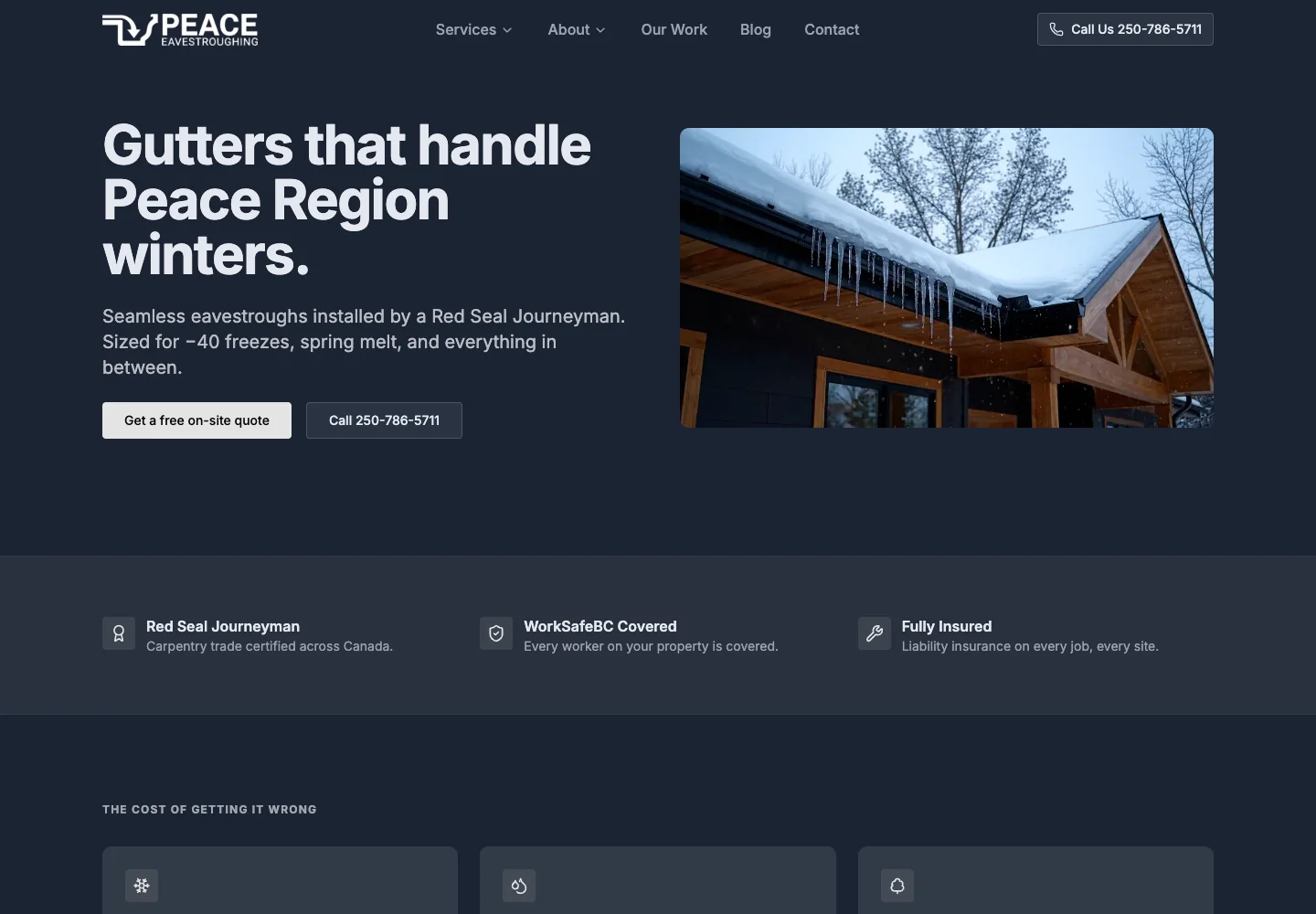 Peace Eavestroughing website showing gutter services, a winter roofline, and the owner’s trade credentials