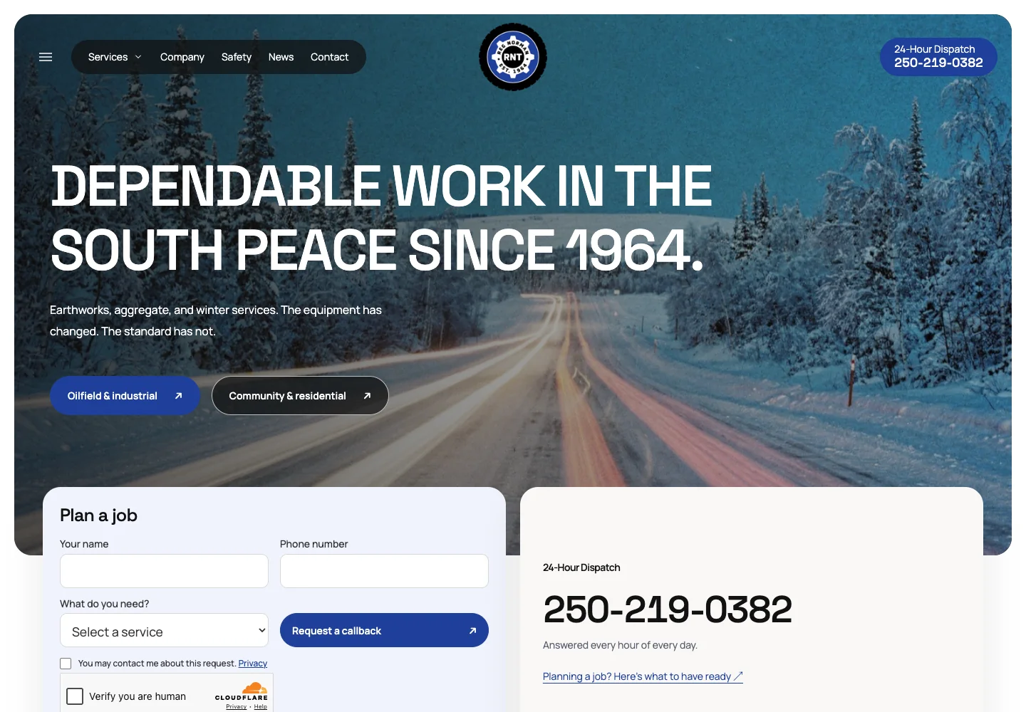 Reg Norman Trucking website with industrial and residential service routes, a callback form, and dispatch number