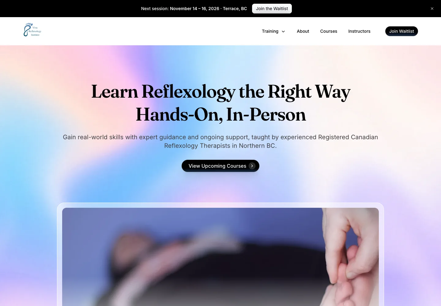 Viva Reflexology Institute website introducing its hands-on training with an upcoming courses link